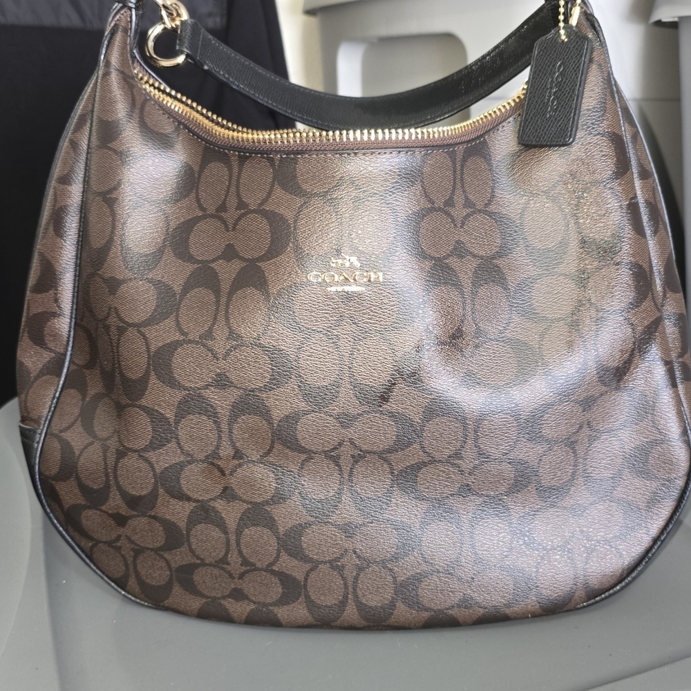Coach Brown and Black Hobo Bag with Gold Hardware